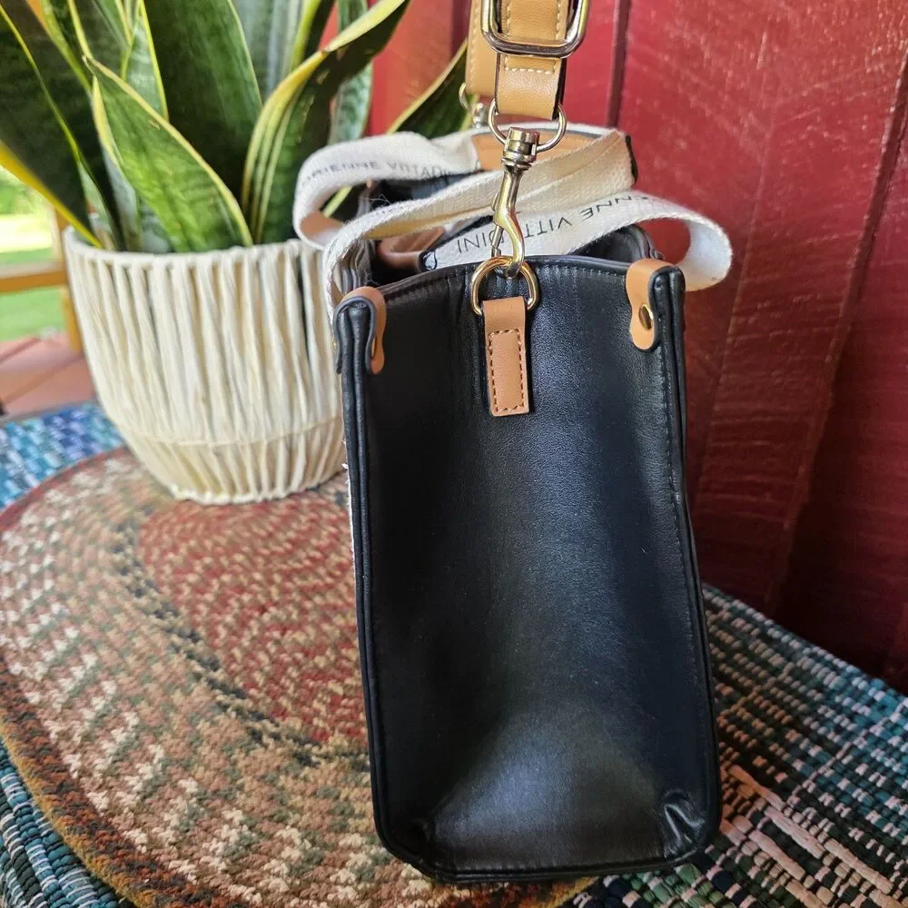 Adrienne Vittadini Black Tote Canvas Logo Straps w AV Charm Top Zip Closure EUC